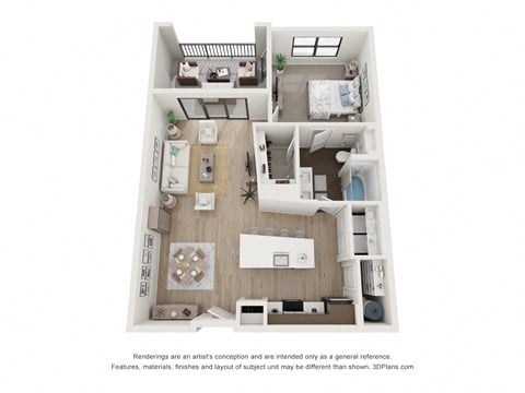 Floor plan for 1 bed, 1 bath, 864 sqft